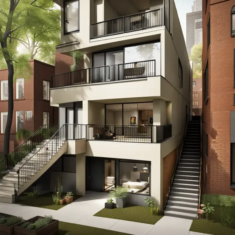 Visual representation of "duplex" - A flat or apartment on two levels with internal stairs.