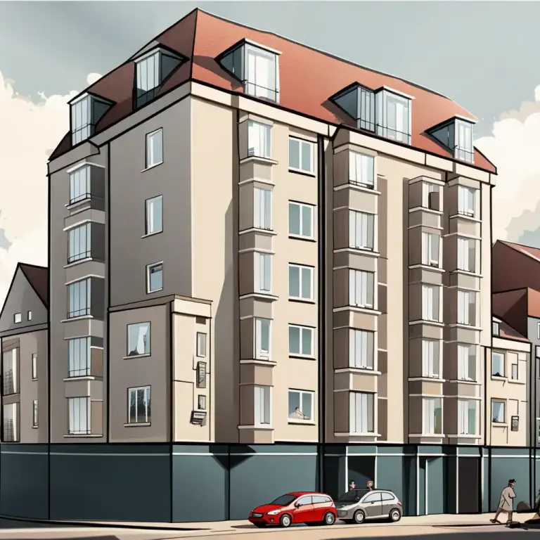 Visual representation of "flat" - In the UK, a set of rooms for living in, including a kitchen, that is located in a larger building.