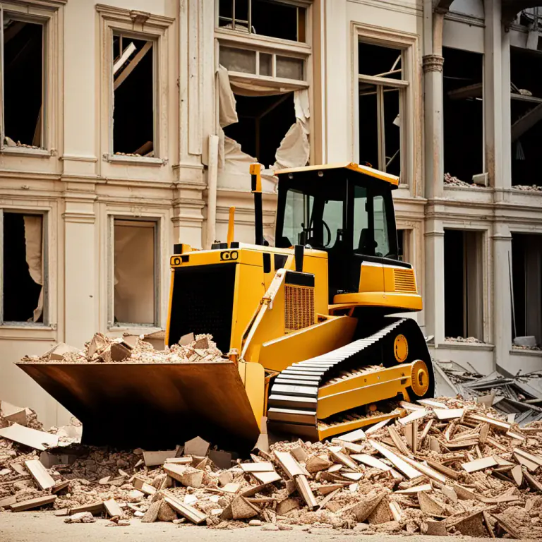 Visual representation of "bring down" - To reduce the height of a structure, building, etc.