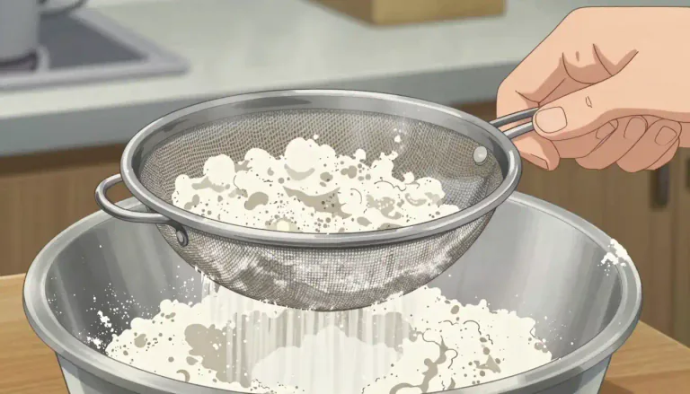 Visual representation of "sift" - To put a substance through a sieve to remove large pieces