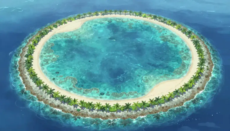 Visual representation of "atoll" - A ring-shaped island formed of coral, surrounding a lagoon
