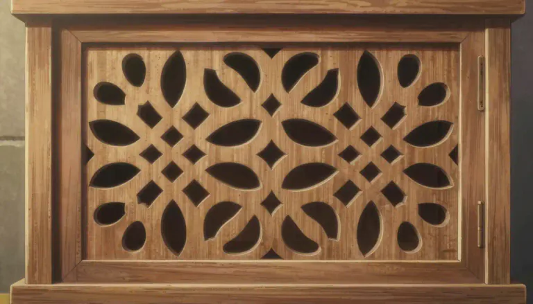 Visual representation of "fretwork" - Decorative design usually done on wood or metal using a saw to cut away parts, leaving a pattern