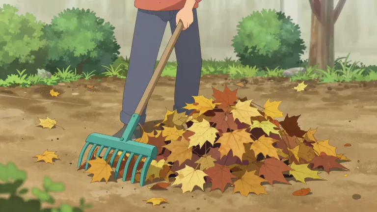 Visual representation of "rake up" - To clean or clear an area by gathering leaves, trash or other materials using a rake.