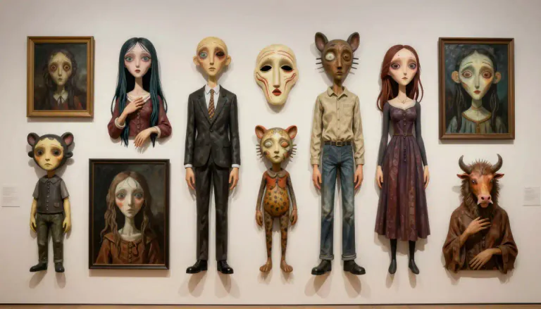 Visual representation of "grotesquerie" - A collection of grotesque representations, typically in art or literature, that emphasize distortion and exaggeration.