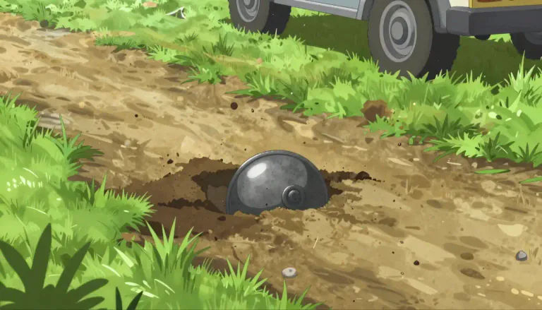 Visual representation of "landmine" - A bomb hidden underground that explodes when a person or vehicle goes over it.