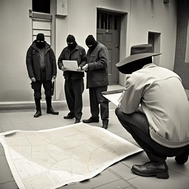 Visual representation of "case the joint" - to carefully look at or investigate a place before committing a crime