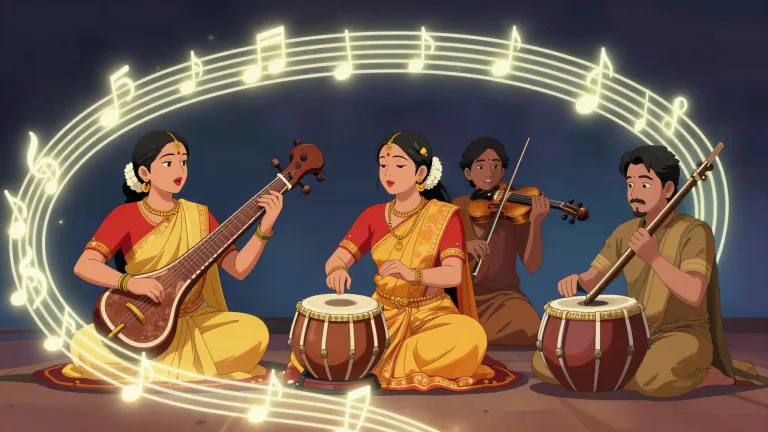 Visual representation of "carnatic" - A system of classical music originating from South India, characterized by its intricate melodies and rhythmic patterns.