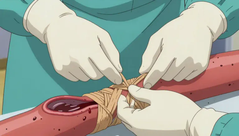 Visual representation of "ligate" - To tie something tightly, especially to prevent fluid from flowing