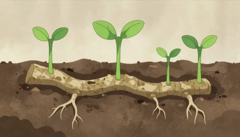 Visual representation of "rhizome" - A part of a plant that grows underground. It helps the plant spread out and create new plants.