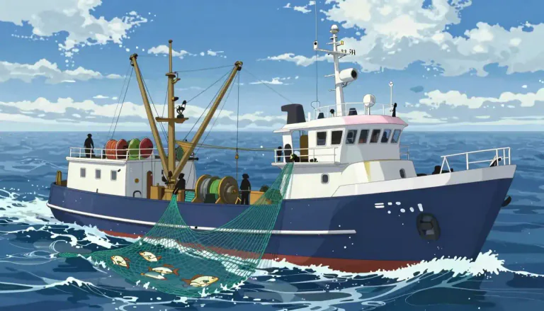 Visual representation of "trawler" - A large boat that uses nets to catch fish
