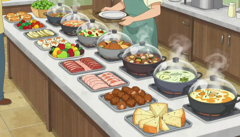 Visual representation of "smorgasbord" - A full selection or wide range of foods, often in a buffet style