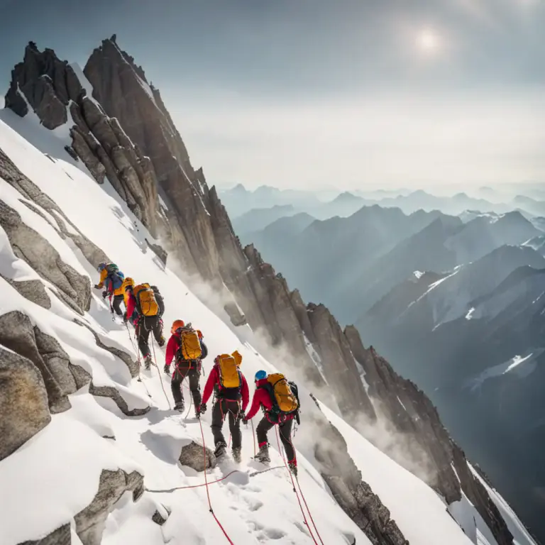 Visual representation of "mountaineering" - The sport or profession of climbing mountains.