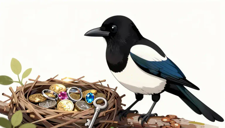 Visual representation of "magpie" - A type of bird which is black and white and known for collecting shiny things.