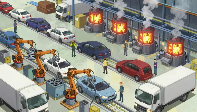Visual representation of "industry" - The production of goods or services by factories, companies, or individuals.