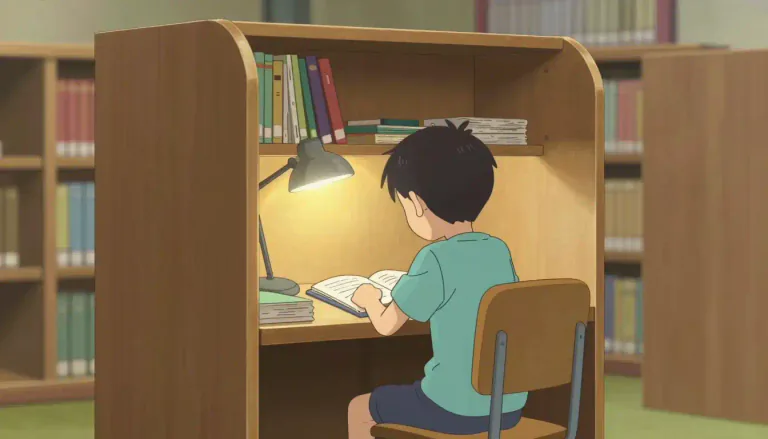 Visual representation of "carrel" - A small desk with high sides, especially in a library, designed to provide a private study space