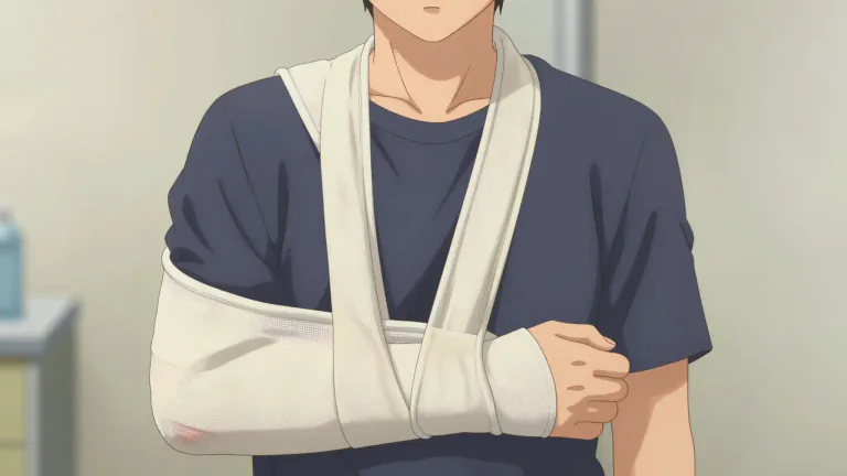 Visual representation of "sling" - A bandage or cloth used to hold or support the broken arm or wrist.