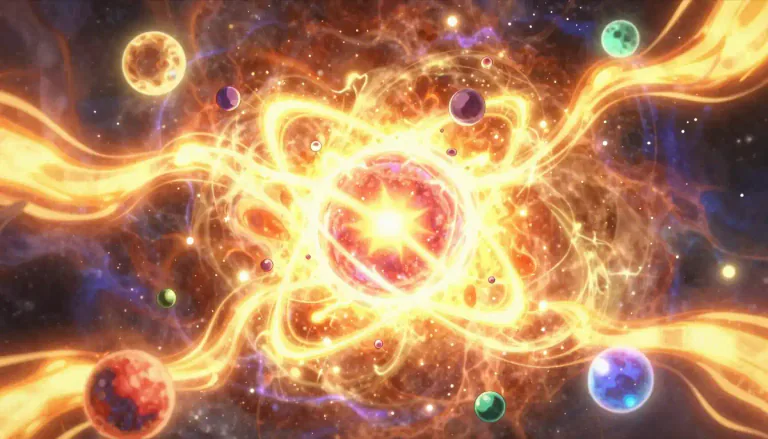 Visual representation of "nucleosynthesis" - The process by which new atomic nuclei are created from pre-existing nucleons (protons and neutrons) in stars.